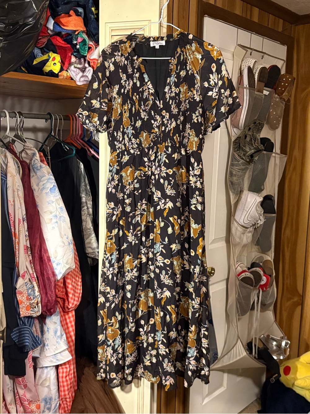 Polagram Black Floral Midi Dress with Mustard and White Bloom